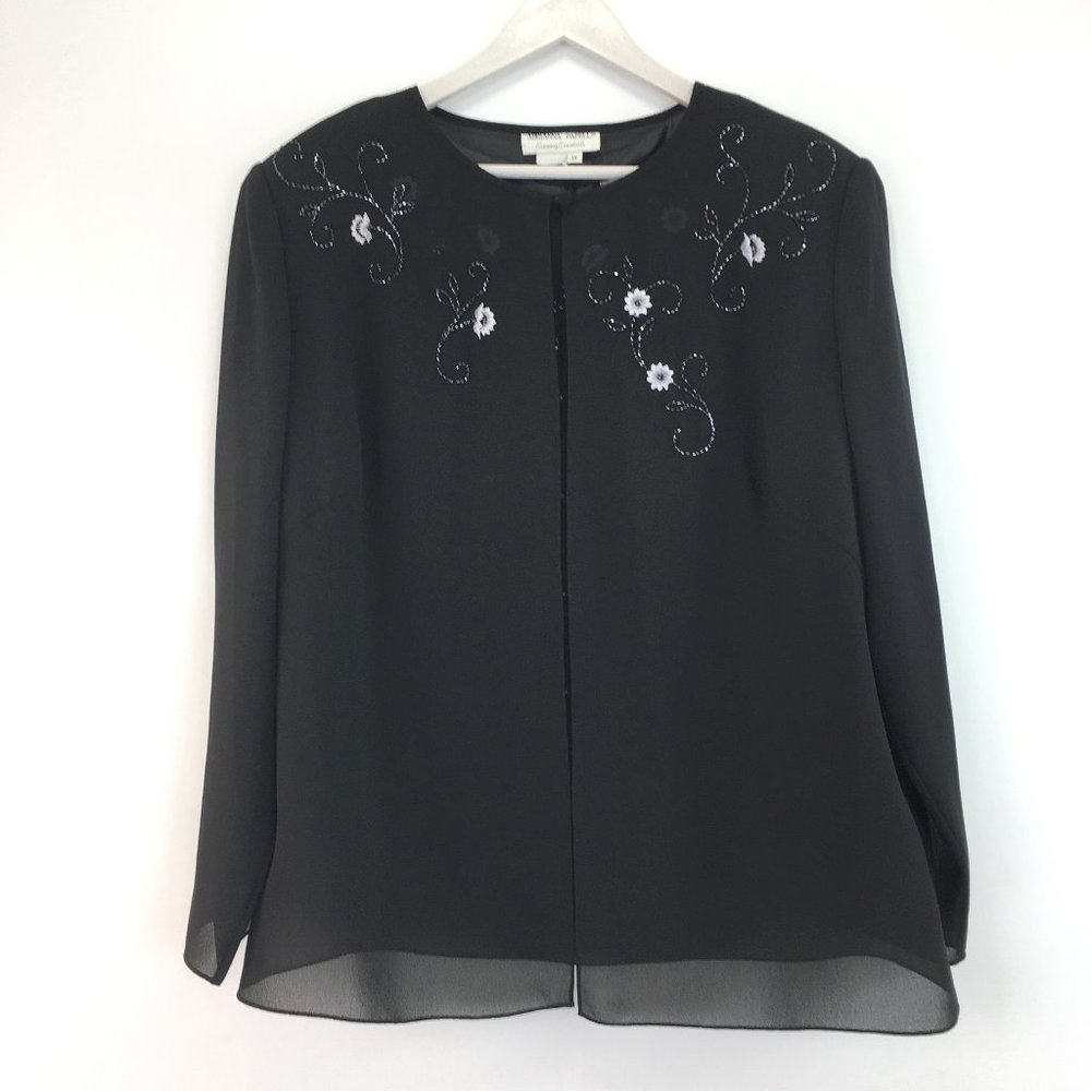 Adrianna Papell Evening Black Sheer Cardigan Blouse Embroidered 2‎ Piece Sz 1X